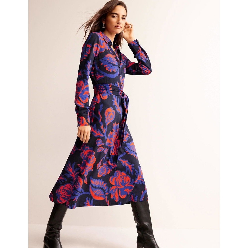 Boden Navy Red Floral Jersey Shirt Dress Long Sleeve Midi Tie Waist US 8L D0764